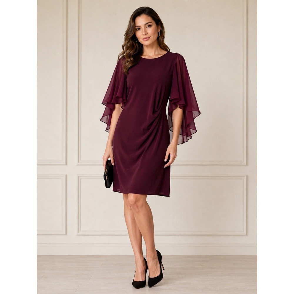 Lauren Ralph Lauren Burgundy Chiffon Capelet Sheath Dress Size 8 Evening Formal